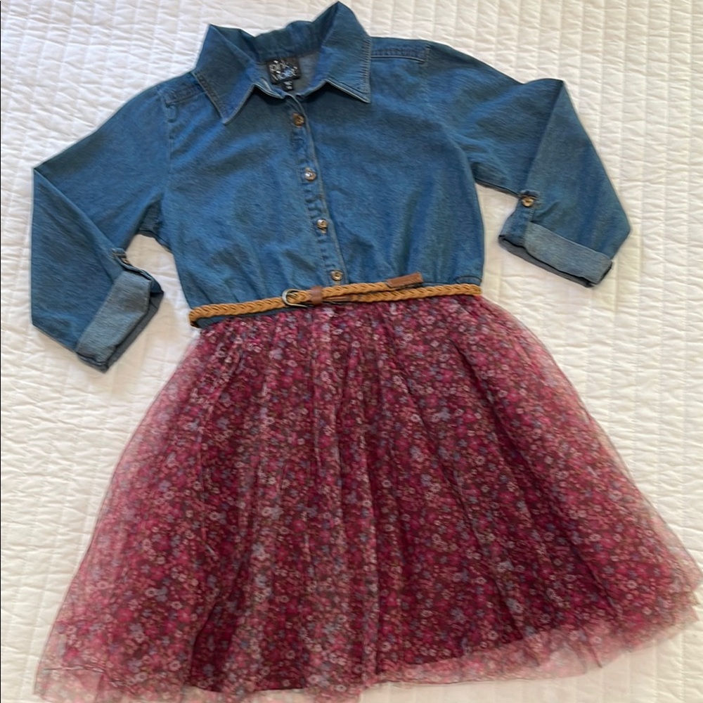 Pink & Violet Girls Kids Denim Tulle Casual Dress 3/4 Cuff Sleeves Belt Size 10